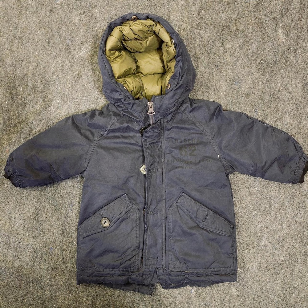 Zara BabyBoy Navy Blue Hooded Down Puffer Jacket Green Lining Size 18/24 Months